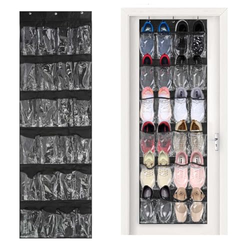 24 Pockets Over the Door Shoe Organizer, Large Hanging Shoe Rack for Door, Mesh Pocket for Closet with 3 Metal Hooks, Jewelry Organizer Holder for Sneakers Men Women Bedroom (Black) (Black) - color: Black
