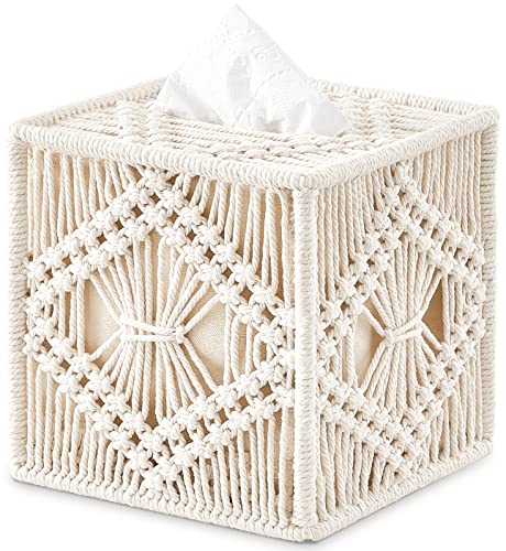 Mkono Tissue Box Cover Macrame Square Open-Bottom Tissue Box Holder Boho Decor Tissue Organizer Bohemian Handmade Woven Tissue Cube Box for Bathroom Bedroom Dresser Living Room Office Dorm, Ivory - color: Ivory