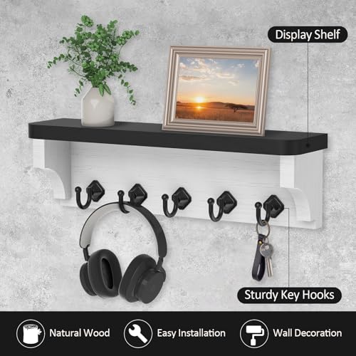 Nekon Key Holder for Wall, 11.8" W x 3.5" H x 2.8" D Decorative Key Organizer with Floating Shelf, Wall Mount Key Rack with 5 Hooks (Black) - color: Black