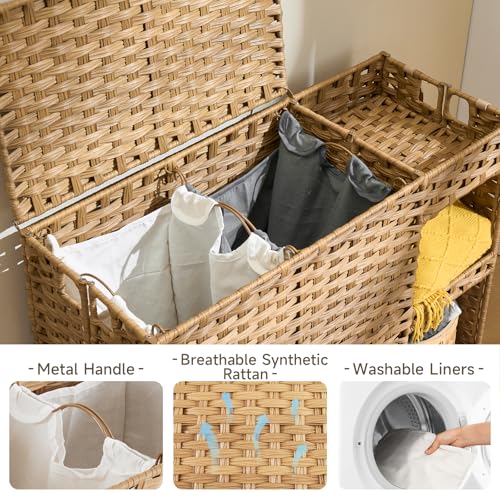 Laundry Hamper with Wheels, 42.3 Gal.(160 L) Laundry Sorter with Shelves, Rattan Clothes Hamper with 4 Removable Liners & 3 Mesh Bags, Handwoven Organizer for bedroom, bathroom, laundry room, Natural - color: Natural