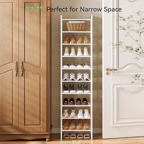 Nunsino Narrow Shoe Rack, 10-Tier Metal Shoe Organizer,Tall Shoe Shelf with Anti-Tip Strap, Max Holds 20 Pairs,Space Saving for Closet,Entryway,White - color: White, size: 10 Tier