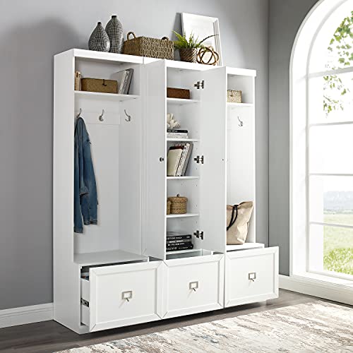 Crosley Furniture Harper 3-Piece Hall Tree and Storage Cabinet Set with Entryway Bench and Hooks for Hanging, White - color: White