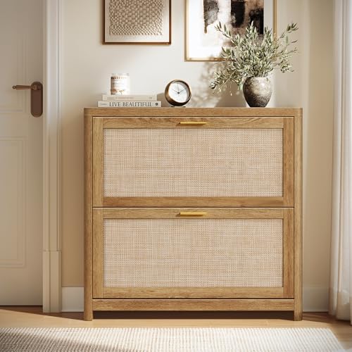 VASAGLE ELLAN Collection - Boho Shoe Storage Cabinet for Entryway Slim, Entry Shoe Cabinet with Rattan-Look Flip Drawers, Rounded Corners, Narrow for Entrance, Natural Brown UHSC601KC01 - color: Natural Brown, size: 9.4"D x 33.9"W x 32.9"H-3 Flip Drawers