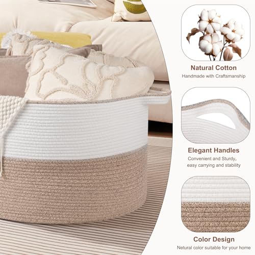 OIASKET XXL Large Blanket Basket with Handles, 105L Woven Storage Basket for Living Room, Cotton Rope Baby Toy Storage for Clothes, Pillows, Towels-Brown & White - color: Brown & White, size: 105L