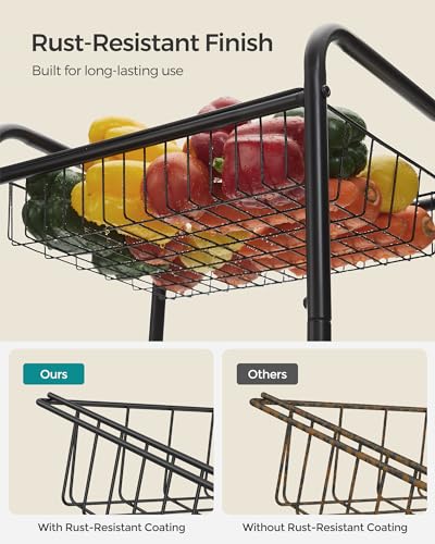 SONGMICS 3-Tier Metal Rolling Cart on Wheels with Baskets, Lockable Utility Trolley with Handles for Kitchen Bathroom Closet, Storage with Removable Shelves, Black UBSC03BK - color: Black
