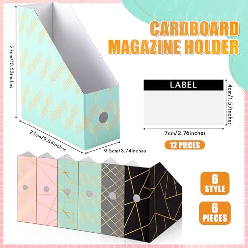 PerKoop 6 Pcs Decorative Magazine File Holders Floral Foldable File Folders Magazine Storage Boxes Rack Desk Organizer Documents with Printable Labels for School Office Home (Geometric Lines) - style: Geometric Lines