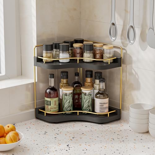 2-Tier Corner Bathroom Counter Organizer with Embedded Screw Holes, Secure & Stable Wood Vanity Shelf for Makeup and Skincare Essentials - Space Saving Bathroom Countertop Storage, Black Gold - color: Black Gold