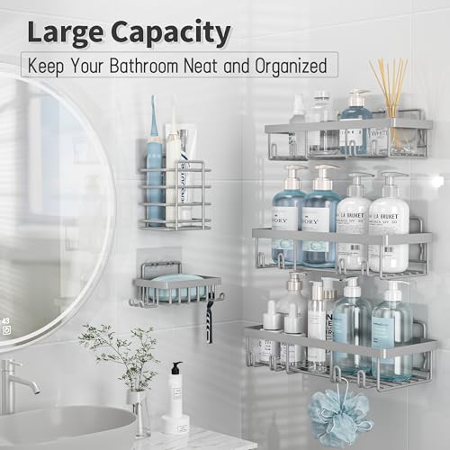 Liuoud 10 Pack Shower Caddy Organizer Rack Shelf for Inside Shower, Self Adhesive Wall Storage Basket Rustproof Stainless Steel Shampoo Holder Bathroom Accessory Decor Set, Grey - color: Grey