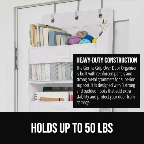 GORILLA GRIP Over The Door Organizer Storage, 5 Deep Hanging Shelves, Holds 50lbs, Closet Organizers Shelf for Bedroom, Shoes, Bathroom, Nursery, Dorm Essentials, 3 Metal Hooks, 58x15 Inches, White - color: White, size: 5 Shelf