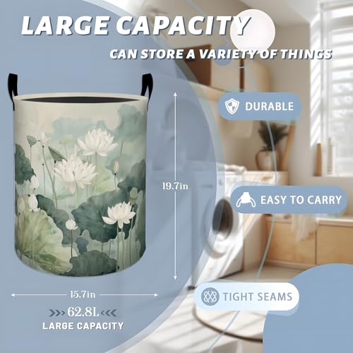 Elegant White Lotus Green Leaves Laundry Basket with Handles, 19.7"x15.7" Clothes Foldable Laundry Hamper Organizer for Dorm Nursery Bedroom Bathroom Decor, Toy Storage Bin for Kids - style: Lotus26