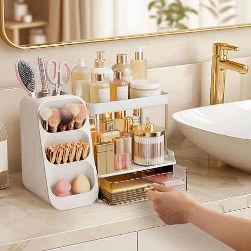 HBlife Bathroom Organizers and Storage with Brush Holder for Vanity, 3 Tier Plastic Makeup Organizer for Dresser Counter, Skincare, Lipstick, Perfume, and Cosmetic Storage - color: White, size: Medium