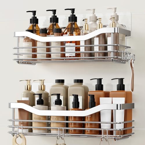 Orimade Shower Caddy Basket Shelf with 5 Hooks Adhesive Organizer Storage Rack Rust Resistant Wall Mounted Stainless Steel No Drilling for Bathroom, Toilet, Kitchen - 2 Pack - color: Silver, size: 4.72"D x 12.6"W x 3.54"H
