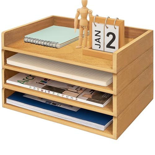 PROLEE Wooden Paper Tray Organizer for Desk, Stackable Paper Holder and Letter Tray, 4-Tier Desktop File Storage Rack for Study,Home and Office (Oak, 14" x 9.5" x 2.5") - color: Oak