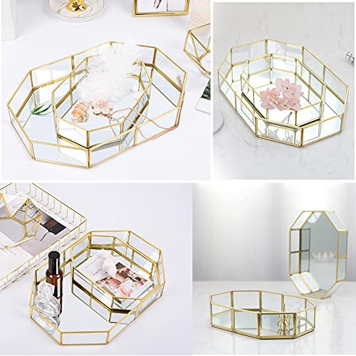 Hipiwe Mirror Glass Vanity Tray - Gold Ornate Makeup Tray Vintage Octagonal Perfume Tray Dresser Trays Jewelry Trinket Organizer for Bathroom Storage Trays for Home Decor - size: 8" x 5.7" x 1.8"