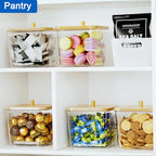 Hudgan 4 Pack Acrylic Storage Containers with Measuring Scoops for Kitchen, Laundry, Pantry, Clear Sturdy Plastic with Gold Handle Perfect for Dried Goods, Snacks, Detergent