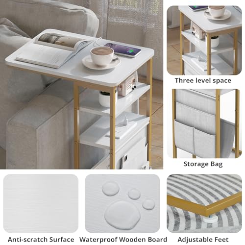 C Shaped End Table with Charging Station, 28"(H) 3-Tier C Table with Storage Bag, Under Couch Table C-Shaped End Table with Storage Shelves and Bag for Living Room, Bedroom, or Office - color: Gold, size: Wood--with Socket