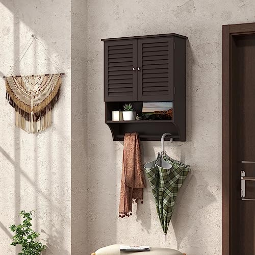 Tangkula Wall Mounted Bathroom Cabinet w/Open Shelf & Bar, Medicine Cabinet w/Double Louvered Doors, Adjustable Shelf, Wall Storage Cabinet for Bathroom Living Room Kitchen (Espresso) - color: Espresso