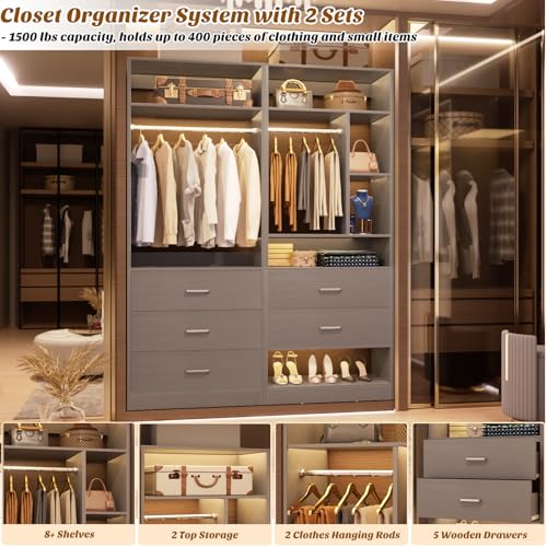 Besiost 4FT Closet Systems with 5 Wood Drawers, 48 Inch Closet Organizer System with 2 Hanging Rods & 7 Shelves, Heavy Duty 48" Walk-in Closet, Grey (48"L x 15" W x 80" H) - color: Grey