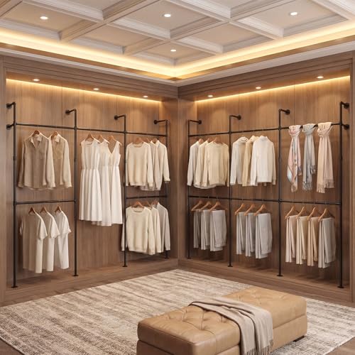 Giantex Industrial Pipe Clothing Rack, 118" Wall Mounted Heavy-Duty Metal Garment Organizer with 6 Hanging Rods, 2-Tier Walk-in Closet System for Wardrobe Closet, Retail Display - size: 118 Inches