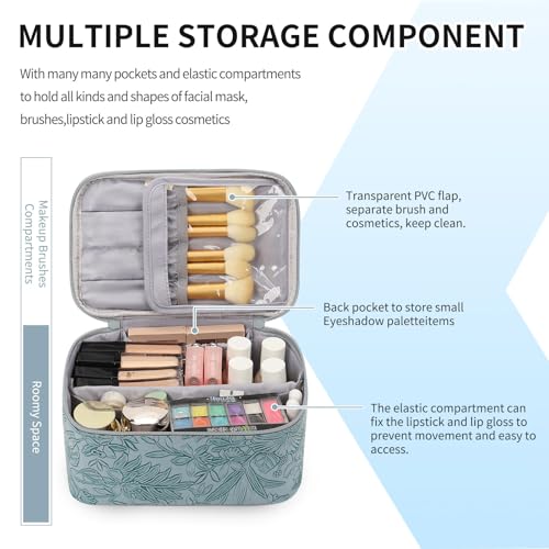 OCHEAL Makeup Bag,Travel Makeup Organizer Bag, Large Capacity Cosmetic Bags for Women Large Travel Toiletry Bag for Girls Traveling With Brush Slot And Divider-Blue Floral - color: 0021_Blue Lily with Gift Box, size: Medium