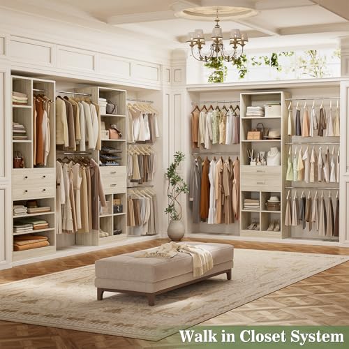 Besiost Closet System, Up to 128.6"/10.7 FT Closet Organizer with 4 Wooden Drawers and Shelves, Walk-in Closet System with 6 Hanging Rods, Built-in Closet Can Fit 96"/8FT, 120"/10FT, Greige Oak - color: Greige Oak, size: Style B: 72"—128.6"(W)