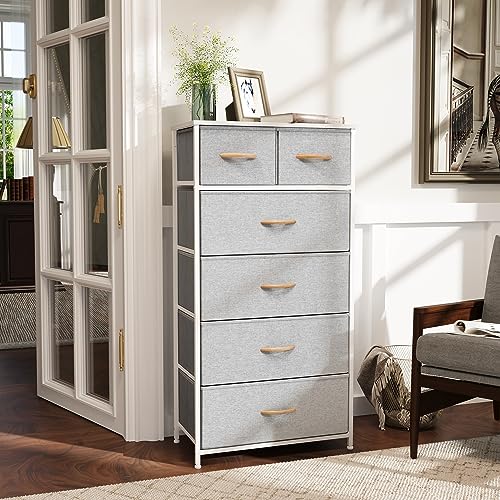 Fabric Dresser for Bedroom, Tall Skinny Dresser with 6 Drawers, Storage Organizer Tower, Steel Frame Wooden Top for Closet, Living Room, Hallway(Light Gray) - color: Light Grey