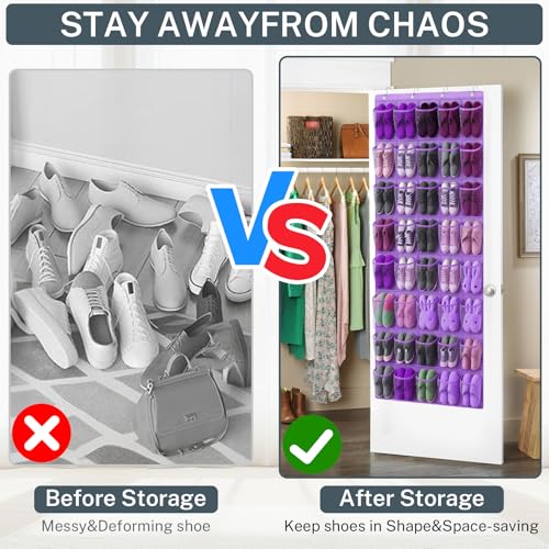 40-Pocket Over the Door Shoe Organizer - Large Mesh Pocket Hanging Shoe Organizer,Behind the Door Shoes Storage Holder Hanger - color: Purple