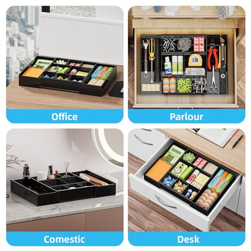 Marbrasse Expandable Desk Drawer Organizer, Clear Plastic Drawer Organizer Tray with 10 Adjustable Compartments, Desk Organizers and Accessories, 5 Drawer Dividers for Office Supplies, Makeup(Black) - color: Black