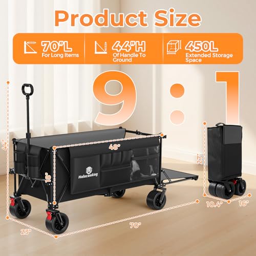70”L Extender Collapsible Wagon, Extra Long Foldable Wagon Cart with Extended Tailgate, Heavy Duty Rolling Utility Cart with All-Terrain Big Wheels for Transport Sports Beach, Black - size: 360L