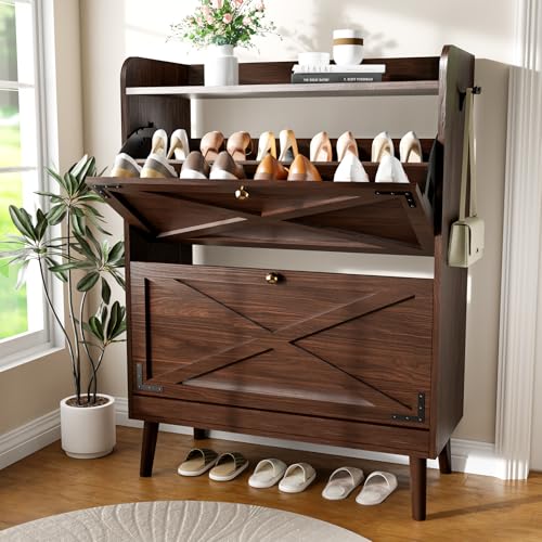 Shoe Storage Cabinet with 2 Flip Drawers, Entryway Shoe Cabinet with 2 Metal Hooks & Adjustable Shelves Freestanding Shoe Organizer Narrow Shoe Rack for Entrance Hallway Foyer Front Door,Rustic Brown - color: Rustic Brown