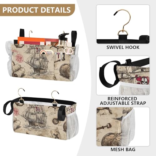 Bedside Caddy Metal Frame Hanging Organizer Bunk Bed Dorm Accessories Hook And Loop Storage Bag Large Pockets Beige Anchor Sail Pirate - color: Beige Anchor Sail Pirate