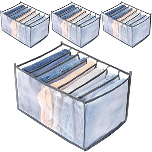 TOOVREN Wardrobe Clothes Organizer, 7 Grids, Drawer Organizers for Clothing, Foldable Closet and Storage Basket, Clothes Compartment Box, Bedroom Dorm Room, 4PCS, Gray - color: 4PCS(Thin Jeans Grids,Gray)