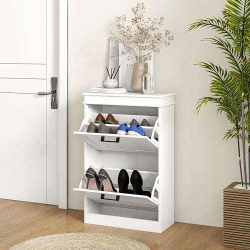 HOMCOM Narrow Shoe Cabinet with 2 Flip Drawers, Modern Freestanding Shoe Storage Cabinet with Adjustable Shelves for Entryway, Hallway, White - color: White