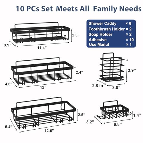 Liuoud 10 Pack Shower Caddy Organizer Rack Shelf for Inside Shower, Self Adhesive Wall Storage Basket Rustproof Stainless Steel Shampoo Holder Bathroom Accessory Decor Set, Black - color: Black