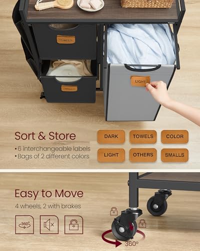 VASAGLE Laundry Hamper with 3 Compartments, 26.4 Gal. (100 L) Laundry Sorter, Rolling Laundry Cart with Shelves, Small Side Pockets, 6 Labels, Chestnut Brown, Ink Black and Dove Gray UBLH202B01 - color: Chestnut Brown + Ink Black + Dove Gray, size: 3 Bags