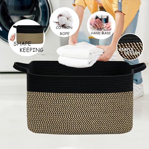 COMFY-HOMI Large Rectangular Blanket , Cotton Rope Woven for Storage, LaundryHamper, Storage ,Toy Organizing Bin with Handle, Organizer and Storage-22x15x12-Black/Jute - color: Black/Jute, size: 22''x15''x12''