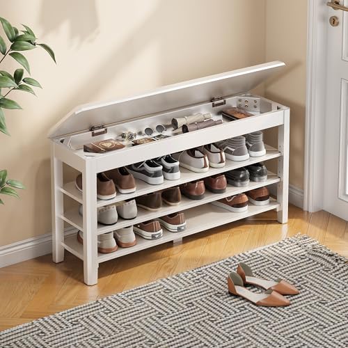 IUNVR Shoe Rack Bench Seat Rubberwood 3-Tier Wooden Storage Bench 550lbs Compact Mid-Century Modern Design for Entryway, Hallway, Closet, Front Door Entrance, Foyer - color: White-3 Tier(wood), size: 39.4"W x 11.8"D x 20.5"H