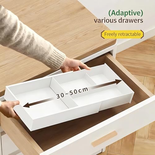 Yingze Supply Expandable Kitchen Drawer Organizer, Telescoping Cutlery Tray, White Adjustable Storage Box with Multiple Compartments for Utensils, Silverware, and Kitchen Tools