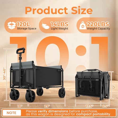 3-in-1 Portable Collapsible Wagon, Foldable Cart with Removable Side, Utility Groceries Wagon Cart for Dogs Pets Shopping Camping Beach Sports Gardeing Fishing, Black - size: 120L