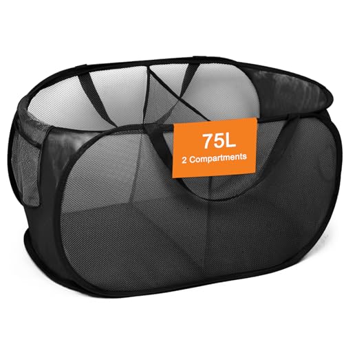 Foldable Laundry Baskets, Collapsible Mesh Laundry Hamper, Durable Pop Up Laundry Basket, 2 Compartments Clothes Hampers for Laundry, Easy to Carry & Sort for Dorm, Home, Kids Room, Travel Black - color: Black, size: 2 Compartments