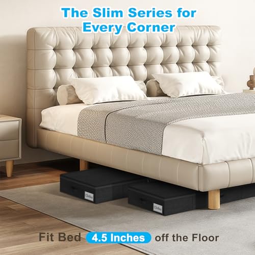 Under Bed Storage Container Bin 4 Pack, 4.5 Inch Slim Low Profile Underbed Clothes Storage Organizer for Dorm & Home, Use for Blanket and Toy Storage Box W/ Sturdy Bottom/Sides, Foldable Thick Fabric - color: Black-4 Pack, size: 4.5in-Slim