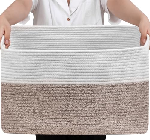 Optish 75L Large Blanket Basket, Woven Storage Baskets with Reinforced Handles, Rope Laundry Basket for Living Room, Bedroom, Nursery, Toys, Clothes,Pillows, 22” x 17” x 11.5”, White & Brown - color: White & Brown, size: 22" x 17" x 11.5"(75L)