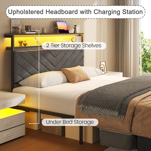 Fluest Full Bed Frame with 2 Drawers, Upholstered Headboard with Storage and Charging Station, LED Lights, Fabric Drawers with Wheels, Under Bed Storage, No Box Spring Needed, Easy Assembly, Grey - size: Full