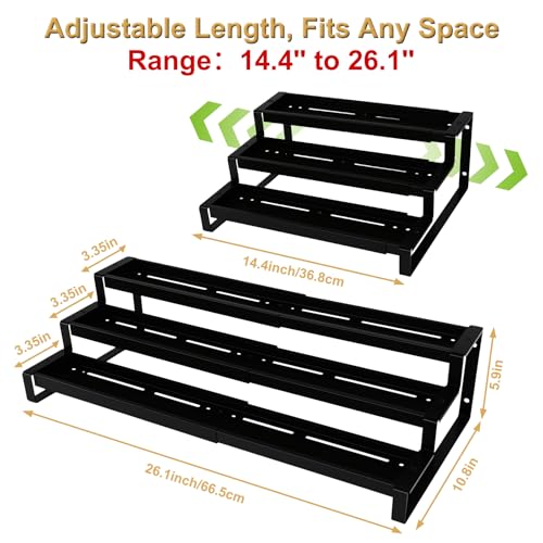 3-Tier Spice Rack Organizer for Cabinet, Expandable Kitchen Organizer 14.4 to 26.1 Inch Seasoning & Pantry Organizer for Countertop, Metal Non-Skid Step Storage Shelf for Condiments, Oils, Cans, Jars