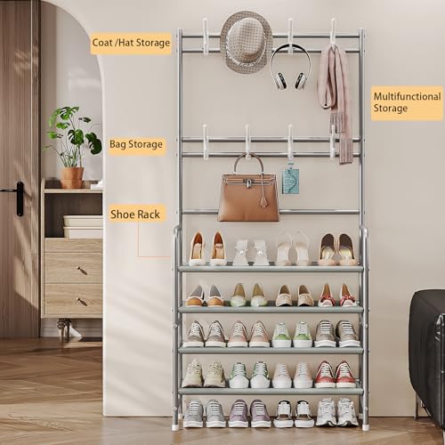 Coat Rack Shoe Rack With Storage Shelf Freestanding with 8 Hooks for Entryway Bedroom Closet 4 Tier, Grey - color: Grey