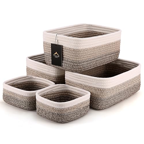 5-Pack Small Woven Rope Storage Baskets – 2 Sizes Organizer Bins for Closet, Shelf, Bookshelf, Nursery, Changing Table, Fabric Cube Boxes, Rectangular Shallow Bins for Bathroom, Toy & Home - color: Gradient Brown