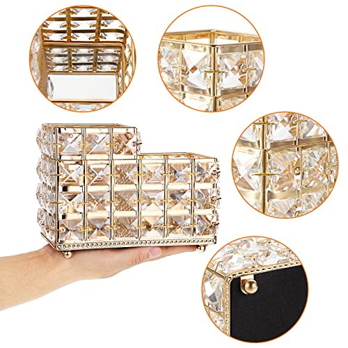 Hipiwe Crystal Remote Control Holder Gold Bling Makeup Brush Organizer Remote Caddy Candle Tabletop Pen Pencil Storage for Dresser Office Bathroom, 2-Slot - style: 2-Slot, Gold