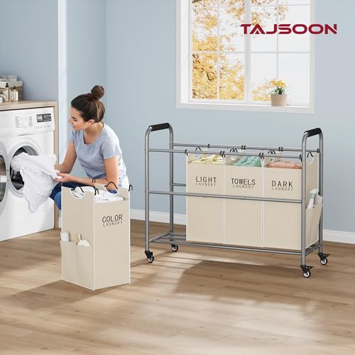 Tajsoon 4 Bag Laundry Sorter Cart, 4 Section Laundry Hamper Sorter with Heavy Duty Lockable Rolling Wheels, Laundry Separator Hamper with Removable Bags for Dirty Clothes Storage, Beige - color: Beige