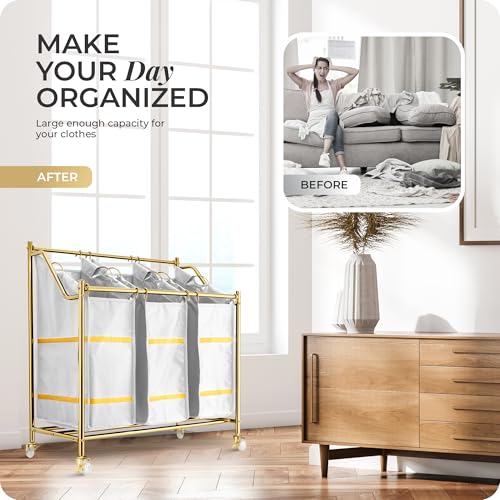 LUXURY STYLE 3- Sections Laundry Sorter, Roling Laundry Cart, Modern Golden Hamper, 3-Bags Organizer with Wheels, Laundry Basket, XL Hamper for Clothes, Toys, and Towels (Classic White) - color: Classic White