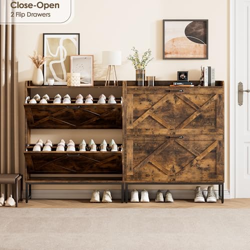 Nicetree Shoe Cabinet Organizer with 2 Flip Drawers, Freestanding Narrow Rack with Metal Legs, Farmhouse Slim Shoe Storage for Entryway, Foyer, Hallway, Rustic Brown - color: Rustic Brown, style: 2-Drawers